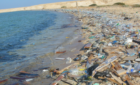 Praia poluída plástico